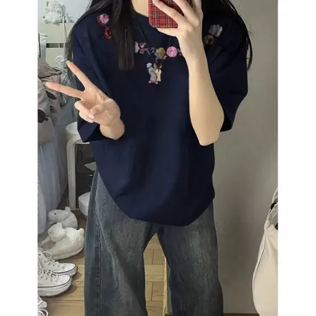 美式复古项链印花正肩短袖t恤女2025新款设计感小众潮牌纯棉上衣商品大图