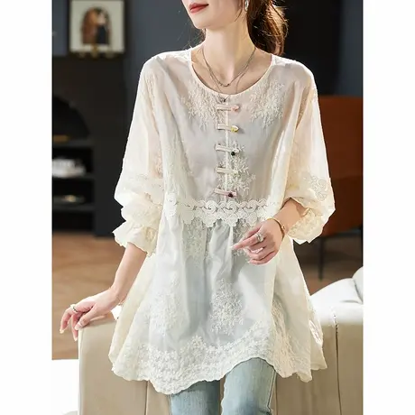 宝诗黎中长款宽松刺绣上衣2025春季新中式洋气棉质薄长袖衬衣女装图片