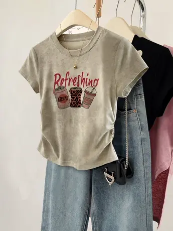 正肩t恤女2024新款日系甜美上衣收腰显瘦设计感ins潮胖mm大码短袖图片