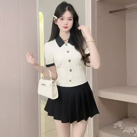 2025新款夏季修身法式气质纯欲风短袖衬衫撞色设计衬衣图片