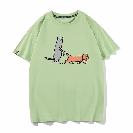 秀洛圆领短袖T恤小猫咪溜小狗趣味恶搞有趣搞笑童趣可爱宽松半袖商品大图
