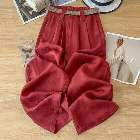 拉夏贝尔天丝亚麻石榴红阔腿裤女夏薄款2025新款显瘦棉麻直筒裤子商品大图