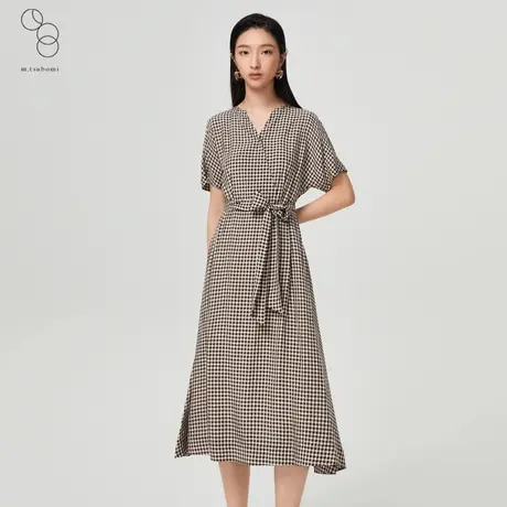 子苞米2022夏新款复古格子V领收腰系带中长款设计感衬衫连衣裙女商品大图