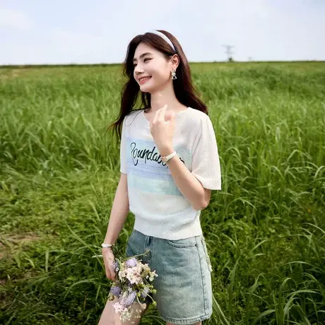 时尚气质针织衫2024年夏季新款女圆领百搭减龄休闲T短袖上衣商品大图