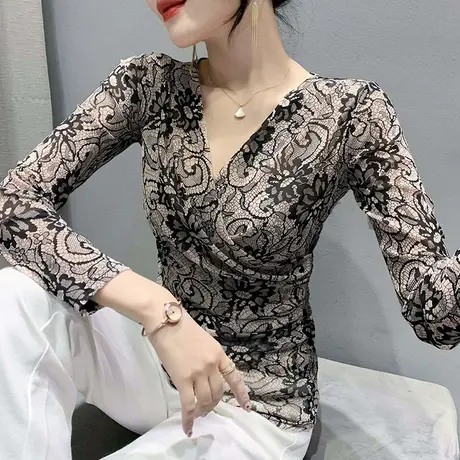 2024春秋新款性感交叉V领T恤女长袖洋气加绒打底衫修身网纱上衣潮商品大图