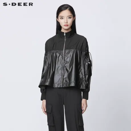 sdeer圣迪奥女装春秋装立领拼接抽绳字母口袋短款外套S21382221图片