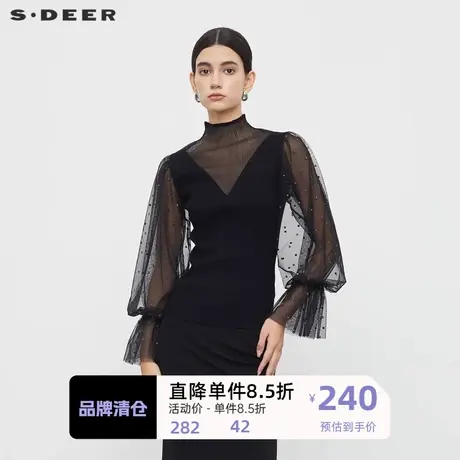sdeer圣迪奥女装高领镂空波点网纱泡泡袖针织衫S233D3506图片