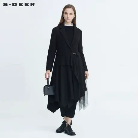 【直播间专属】sdeer圣迪奥西装领网纱不规则毛呢大衣S20481831图片