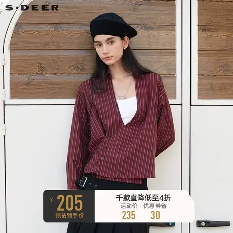 sdeer圣迪奥女装OL风翻领斜襟红条纹垂坠衬衫S24160502图片