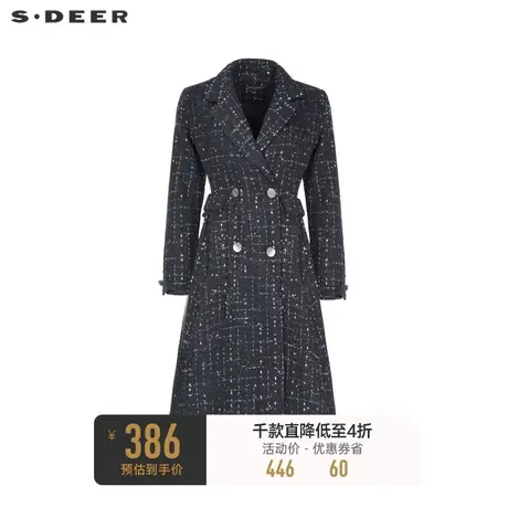 sdeer圣迪奥女装复古西装领格纹长款呢子大衣S224Z25C8图片
