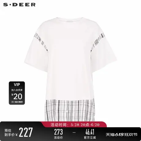 sdeer圣迪奥25年新品女装时尚圆领撞色格纹拼接短袖T恤S252Z0106图片