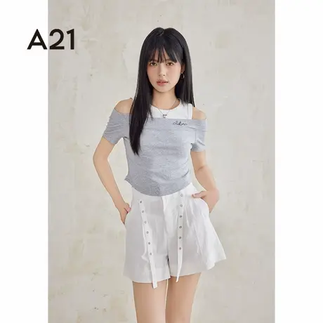 A21假两件短袖T恤夏季吊带马甲撞色设计感短款上衣女商品大图