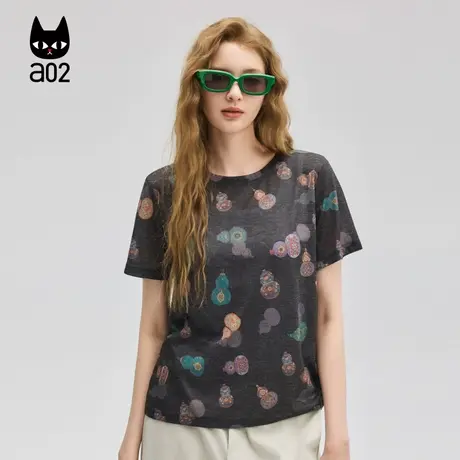 a02超薄宽松圆领短袖T恤女2025新款夏季民族风设计感上衣半袖图片