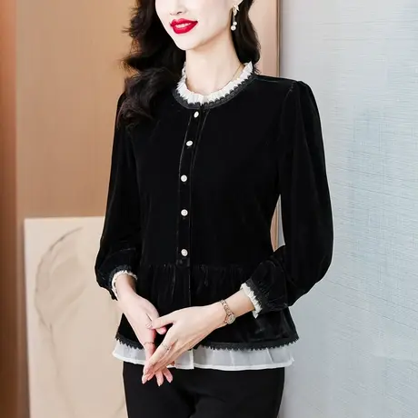 高级感黑色金丝绒女上衣秋装新款内搭气质减龄洋气妈妈打底衫女商品大图