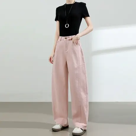 多巴胺粉色牛仔阔腿裤女夏季薄高腰宽松显瘦港风直筒香蕉裤弯刀裤商品大图