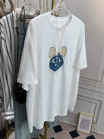 慵懒风宽松韩版T恤女减龄印花中长款休闲高品质大版纯棉短袖上衣图片