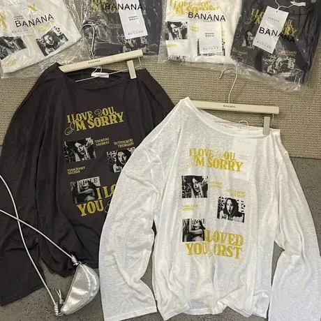 韩国东大门夏季时髦慵懒斜肩长袖t恤女防晒罩衫凉感透气露肩上衣商品大图