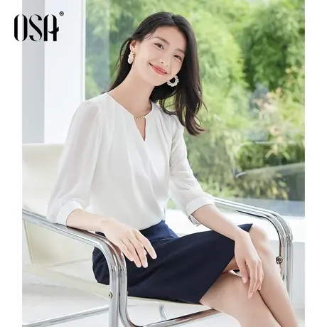 欧莎气质通勤镂空V领雪纺衬衫女夏季新款法式蕾丝拼接衬衣上衣商品大图