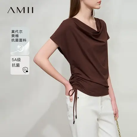 Amii2025夏新款莫代尔棉高弹力短款直筒连肩袖荡领T恤女商品大图
