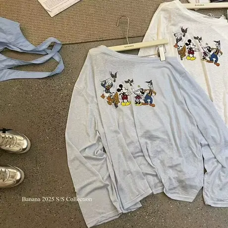 2025夏季新款韩版洋气卡通动漫印花斜肩防晒长袖T恤女宽松休闲ins商品大图