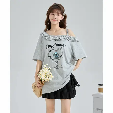 唐狮夏季新款女短袖T恤灰色设计感圆领纯棉荷叶边一字肩上衣官方商品大图