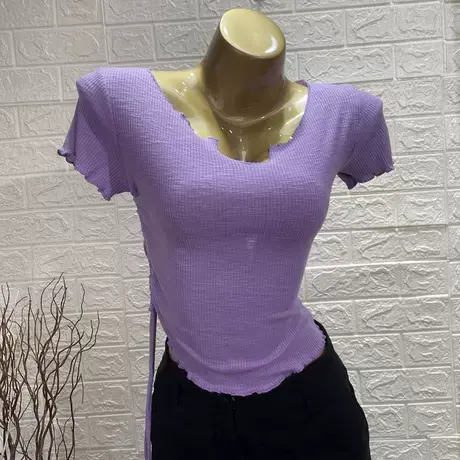 韩国ins洋气侧抽绳收腰短袖Ｔ恤女士修身高腰短款木耳边体恤上衣图片