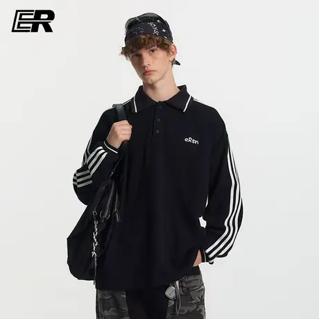ER极简线条POLO领卫衣2025秋条纹潮牌复古老钱风宽松套头休闲上衣图片