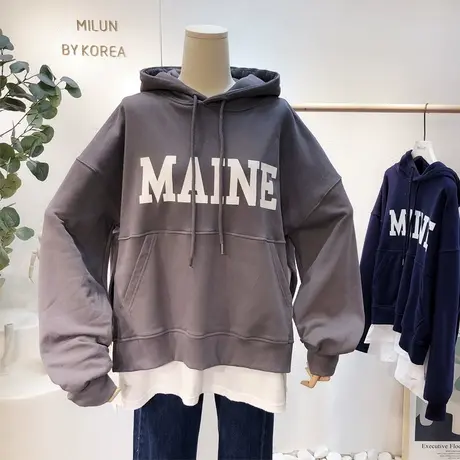 2021春季新款韩国东大门字母印花假两件套装卫衣宽松显瘦休闲大码图片