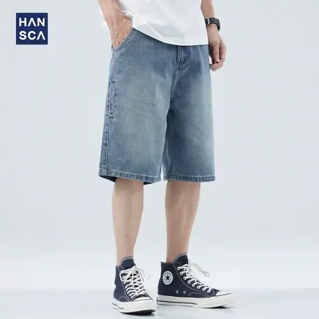 hansca 夏季5分牛仔短裤男士青少年薄款潮牌宽松休闲直筒阔腿中裤商品大图