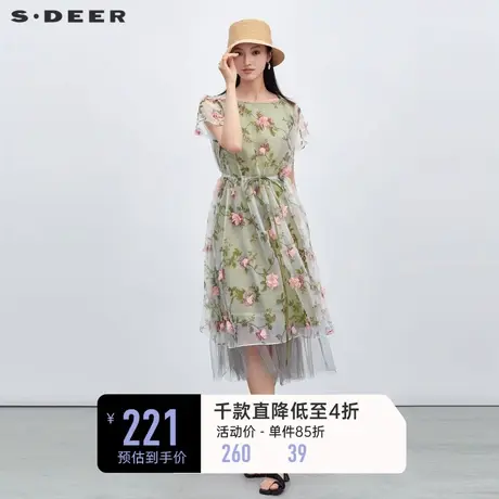 sdeer圣迪奥碎花裙春装圆领设计感茶歇裙连衣裙S223Z1212图片