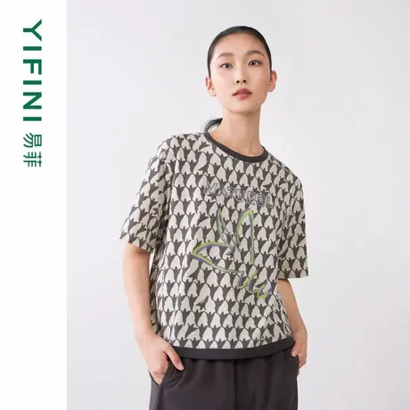 [专柜同款]Yifini/易菲几何花卉印花宽松短款时尚T恤女春秋新图片