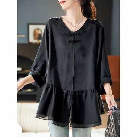 宝诗黎圆领七分袖提花拼接雪纺衫2025春季气质盘扣休闲洋气小衫女商品大图