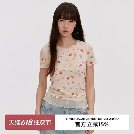 omont蛋挞家复古网纱印花短袖T恤2025夏季正肩圆领修身显瘦上衣商品大图