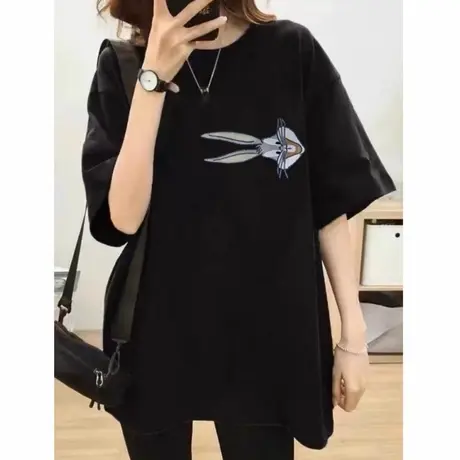 纯棉黑色宽松短袖t恤女2025夏季新款大码胖mm中长款卡通兔子体恤商品大图