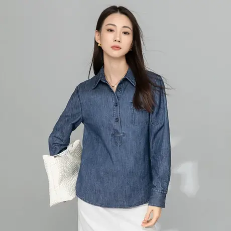 设计感工装牛仔衬衫女2025春秋新款复古蓝色外套百搭休闲套头上衣商品大图