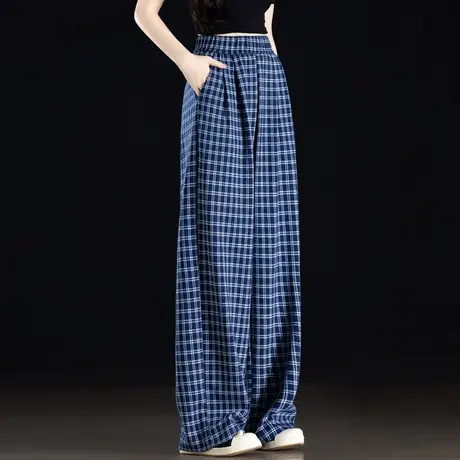 蓝色格子裤女直筒休闲裤2025新款夏季薄款女裤垂感松紧高腰阔腿裤商品大图