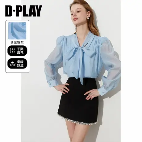 DPLAY2025年春季新款蓝色衬衫女莱赛尔上衣复古蝴蝶结衬衣长袖图片