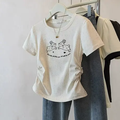 新款圆领正肩褶皱收腰短袖t恤女2025浅杏色夏季甜妹风洋气上衣服商品大图