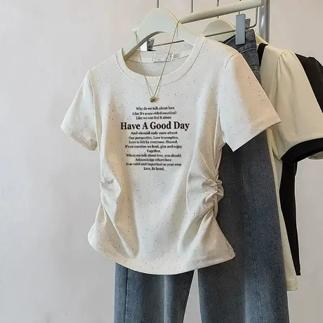 彩虹波点短款小个子收腰t恤女2025新款褶皱修身短袖减龄潮流上衣商品大图