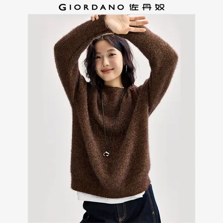 佐丹奴针织衫女新款软糯花纱复古风圆领宽松套头针织毛衣18354933商品大图
