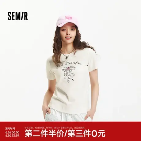 森马短袖T恤女圆领印花打底衫温柔甜妹夏季蝴蝶结衣服甜美风小众图片