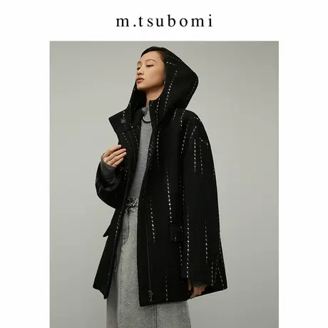 子苞米黑白撞色条纹连帽大衣2023冬新款宽松廓形设计感短款外套女商品大图