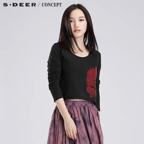 sdeer圣迪奥长袖T恤黑色韩版打底衫S16380224图片