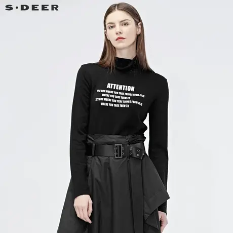 sdeer 圣迪奥2019秋新款堆堆领撞色字母纯黑针织衫S19183528图片