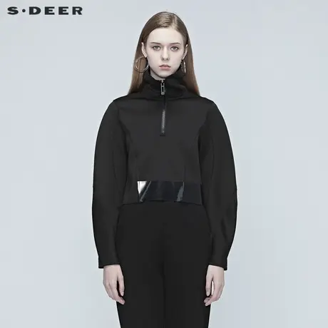 sdeer圣迪奥女装立体裁剪高领拼接短款黑色上衣外套S20382216图片