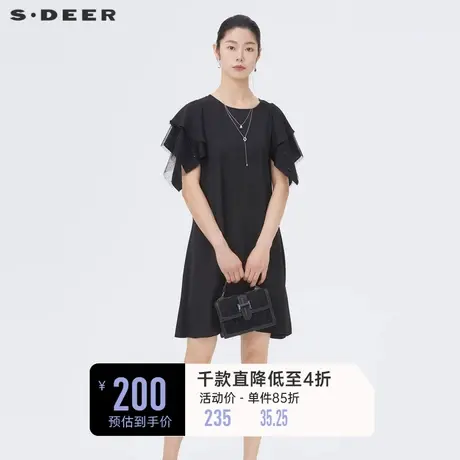 sdeer圣迪奥小黑裙夏装波点网纱黑色雪纺长裙女S222Z122D图片