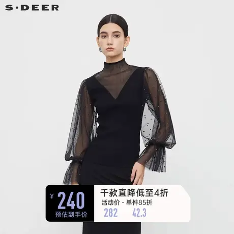 sdeer圣迪奥女装高领镂空波点网纱泡泡袖针织衫S233D3506图片