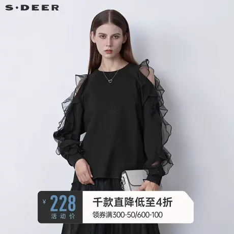 sdeer圣迪奥女装秋装罗纹圆领不规则网纱拼接卫衣S221Z2215图片