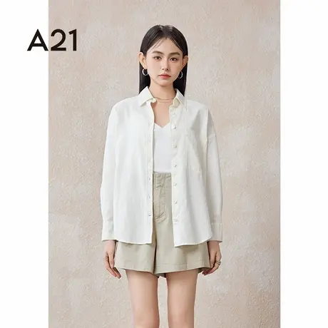 a21女装梭织宽松翻领落肩全开襟长袖衬衫高级感米白色简约衬衣商品大图