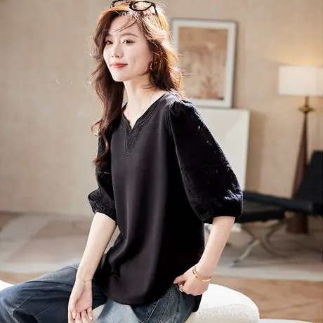 宝诗黎泡泡袖钉珠刺绣T恤2025夏季时尚洋气显瘦黑色百搭短袖上衣图片